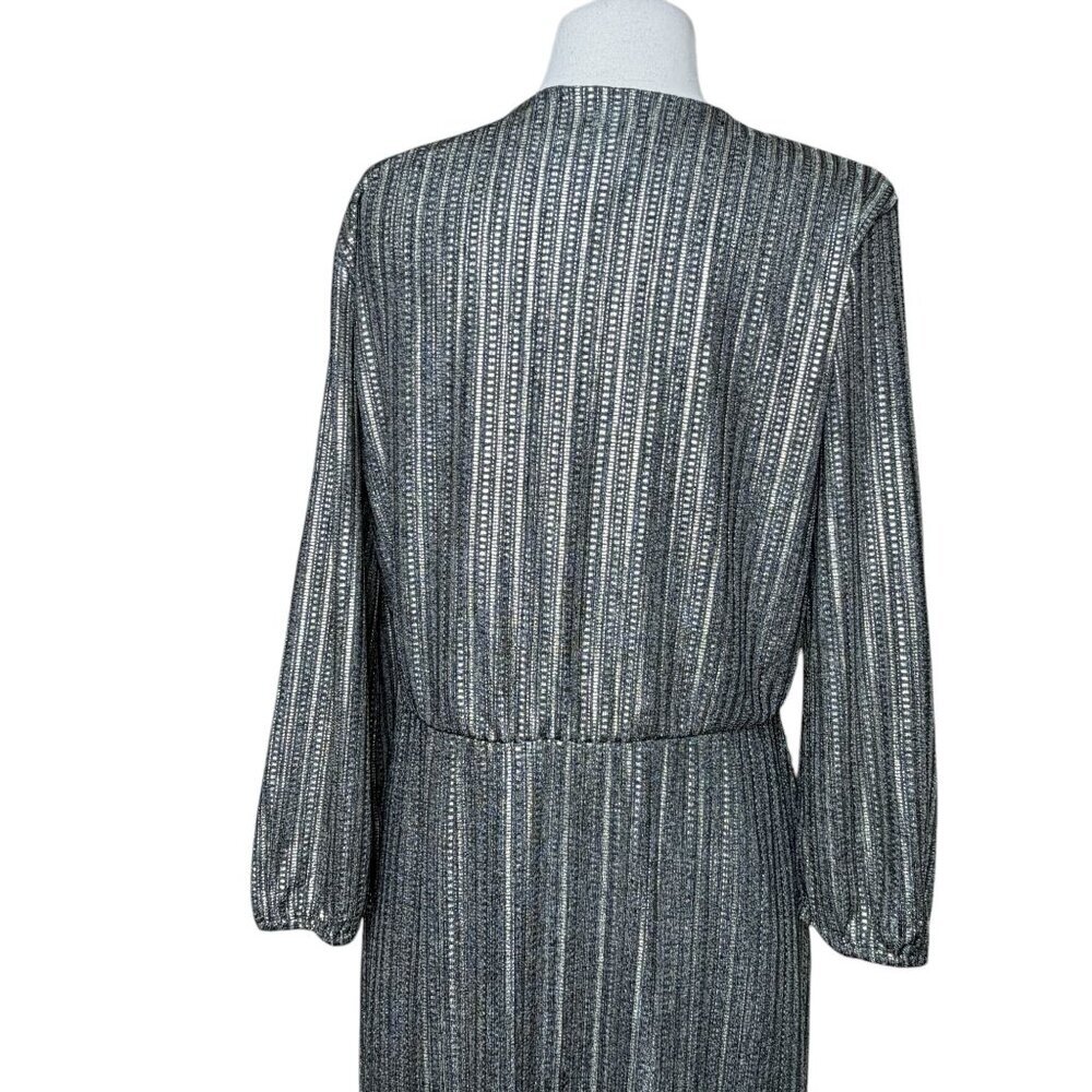 Cupio Metallic Silver 3/4 Sleeve Dress Large Wrap Front - Picture 6 of 10